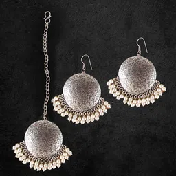 Ozanoo Silver-Toned & White Circular Drop Earrings With Maang Tikka-49