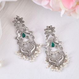 DASTOOR Silver-Plated Stone-Studded & Beaded Silver Oxidised Contemporary Drop Earrings-16