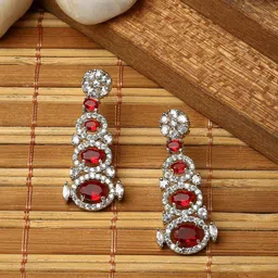 ZENEME Rhodium-Plated American Diamond Studded Drop Earrings-34