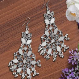 UNIVERSITY TRENDZ Silver-Plated Studded & Beaded Classic Oxidised Drop Earrings-picture-53