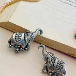 ABDESIGNSGerman Silver-Plated Stone Studded Beaded Oxidised Animal Shaped Drop Earrings-image-24