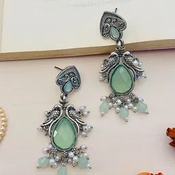 ABDESIGNS German Silver-Plated Stone Studded Beaded Oxidised Classic Drop Earrings-image-21