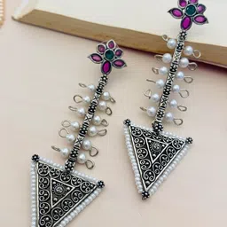 ABDESIGNS German Silver-Plated Stone-Studded & Beaded Oxidised Classic Drop Earrings-image-72