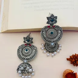 ABDESIGNS German Silver-Plated Stone-Studded & Beaded  Oxidised Classic Drop Earrings-image-73