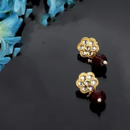 DUGRISTYLE Gold-Plated Kundan & Pearls Classic Drop Earrings-49