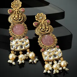 PANASH Gold Plated Kundan Studded & Beaded Drop Earrings image 1