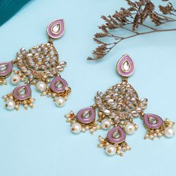 KARATCART Purple Gold Plated Meena Kundan Dangler Drop Earrings-image-11