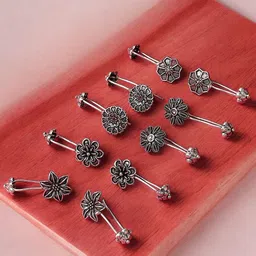 OOMPH Set Of 5 Floral Oxidised Ear Cuff Earrings-picture-58