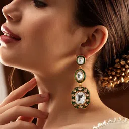 Rubans 22KT Gold-Plated Geometric Kundan Studded Drop Earrings-34