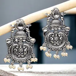 Sangria Silver-Toned Beaded Contemporary Oxidised Drop Earrings-image-4
