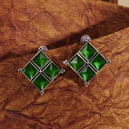 TEEJH Dhamini Silver-Plated Diamond Shaped Oxidised Studs-image-94