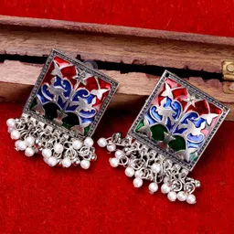 VAGHBHATT Silver-Plated Meenakari Square Drop Earrings-24