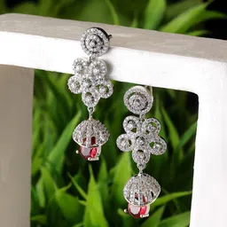 ZENEME Rhodium-Plated American Diamond Dome Shaped Drop Earrings-25