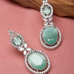 ZENEME Rhodium-Plated American Diamond Studded Oval Shaped Drop Earrings-25