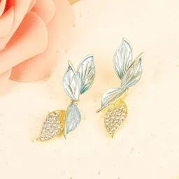 VAGHBHATT Gold-Plated Artificial Stones-Studded Leaf Shaped Drop Earrings-10