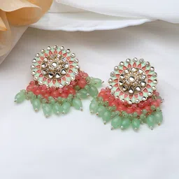 LAIDA Peach-Coloured & Sea Green Circular Drop Earrings-13