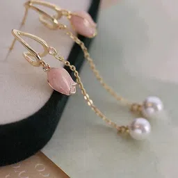 VAGHBHATT Gold-Plated Stainless Steel Beaded Floral Drop Earrings-43