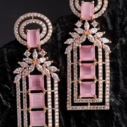 KARATCART Pink Rose Gold Plated Floral American Diamond Drop Earrings-17