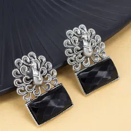 PRIVIU Silver-Plated Onyx Studded Peacock Shaped Drop Earrings-24