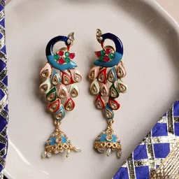 PANASH Gold- Plated Artificial Stones Studded And Beaded Peacock Shaped Drop Earrings-8