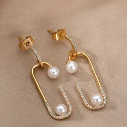 Yellow Chimes White & Gold-Plated Pin Shaped Pearl Beaded Drop Earrings-23