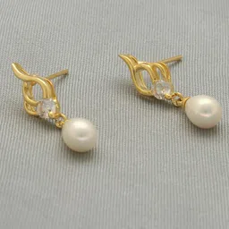 Sri Jagdamba Gold-Plated Pearls Studded Contemporary Shaped Drop Earrings-image-8