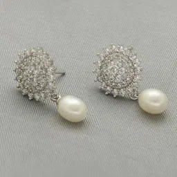 Sri Jagdamba Gold-Plated Pearls Studded Contemporary Shaped Drop Earrings-56