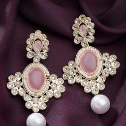 ZENEME Gold-Plated Kundan Studded Contemporary Drop Earrings-1
