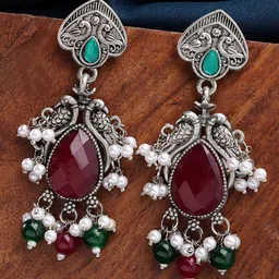 ZENEME Silver-Plated Artificial Stones Studded And Beaded Peacock Shaped Drop Earrings-image-90