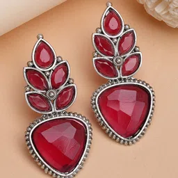 ZENEME Silver-Plated Artificial Stones Studded Contemporary Oxidised Drop Earrings-26