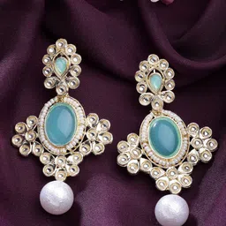 ZENEME Gold-Plated Kundan Studded Contemporary Drop Earrings-2