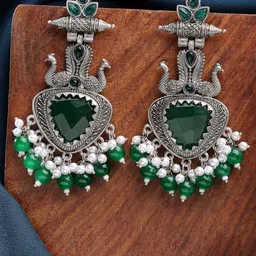 ZENEME Rhodium-Plated Artificial Stones Studded And Beaded Peacock Shaped Drop Earrings-4