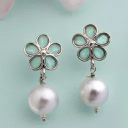 ZENEME Oxidised-Plated Ocean Green Flower & Drop Pearl Fashion Earring-34