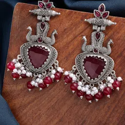ZENEME Rhodium-Plated Artificial Stones Studded And Beaded Peacock Shaped Drop Earrings-9