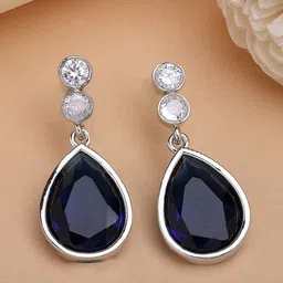 ZENEME Rhodium-Plated American Diamond Studded Teardrop Shaped Drop Earrings-86