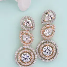 ZENEME Rose Gold-Plated American Diamond Studded Contemporary Drop Earrings-27