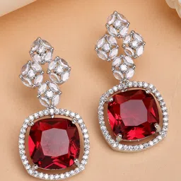 ZENEME Rhodium-Plated American Diamond Studded Contemporary Drop Earrings-69