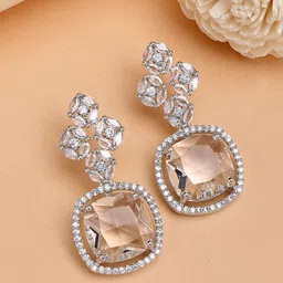 ZENEME Rhodium Plated American Diamond Studded Contemporary Drop Earrings-44