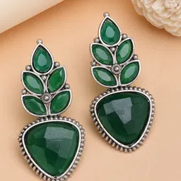 ZENEME Rhodium-Plated Artificial Stones Studded Contemporary Oxidised Drop Earrings-7