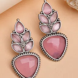ZENEME Rhodium-Plated Artificial Stones Studded Contemporary Oxidised Drop Earrings-8