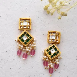 DASTOOR Gold Plated Kundan Drop Earrings-8