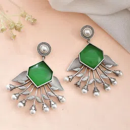DASTOOR Silver-Plated Stone-Studded & Beaded Oxidised Contemporary Drop Earrings-12