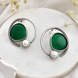 DASTOOR Silver-Plated Stone Studded & Beaded Contemporary Oxidise Stud Earrings-53