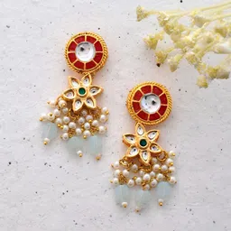 DASTOOR Gold-Plated Kundan Studded Contemporary Drop Earrings-59