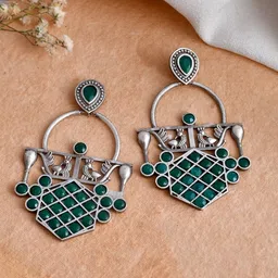 DASTOOR Silver-Plated Stone-Studded Silver Contemporary Oxidised Drop Earrings-image-80