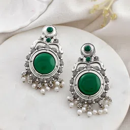 DASTOOR Silver-Plated Stone-Studded & Beaded Oxidised Contemporary Drop Earrings-14
