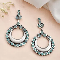 DASTOOR Silver-Plated Stone-Studded Oxidised Contemporary Drop Earrings-40