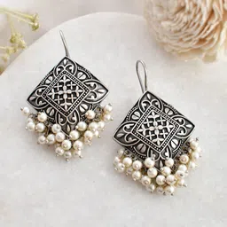 DASTOOR Silver Plated Oxidised Contemporary Drop Earrings-56
