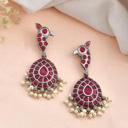 DASTOOR Silver-Plated Oxidised Peacock Shaped Drop Earrings-picture-8