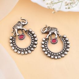 DASTOOR Silver-Plated Stone-Studded Silver Animal Shaped Oxidised Drop Earrings-image-55